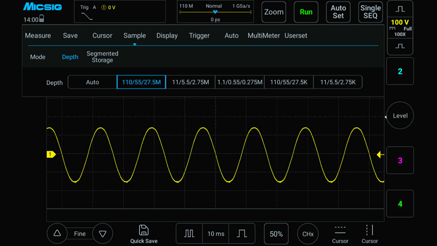 1GSa/s、110Mpts設定で商用電源を測定した様子