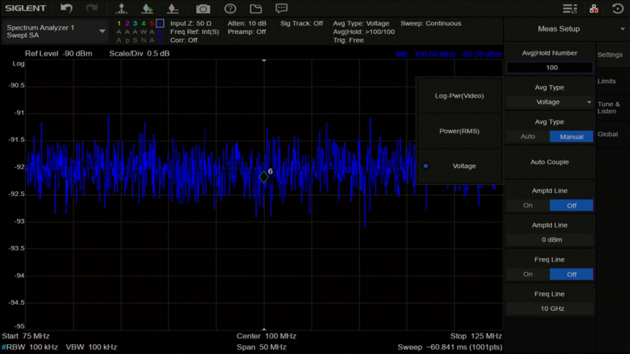 Average検波(Voltage Average)のノイズフロア アベレージ処理あり
