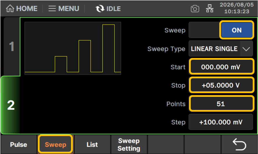 SweepをON、Start：0mV、Stop：5V、Points：51に設定