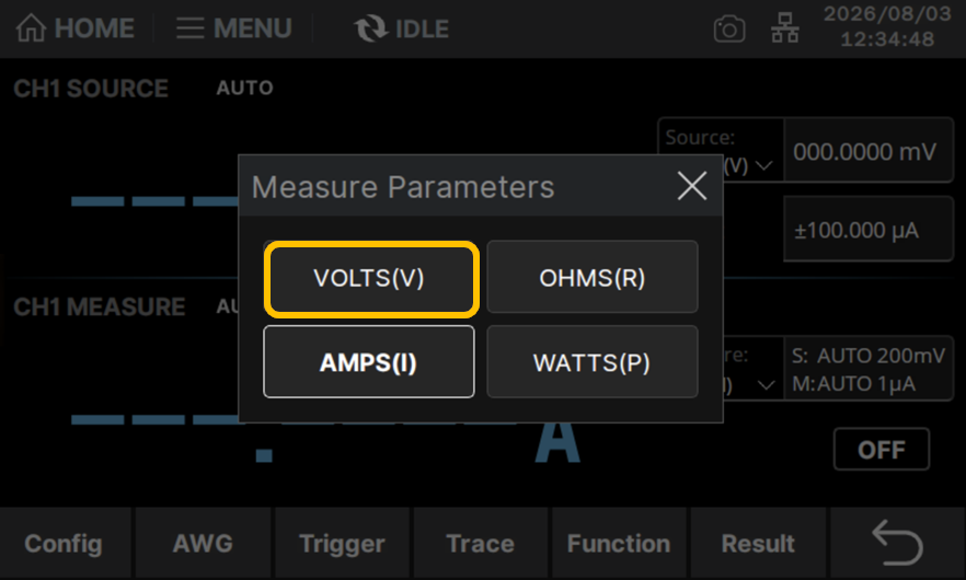 Measure ParametersでVOLTS(V)を選択