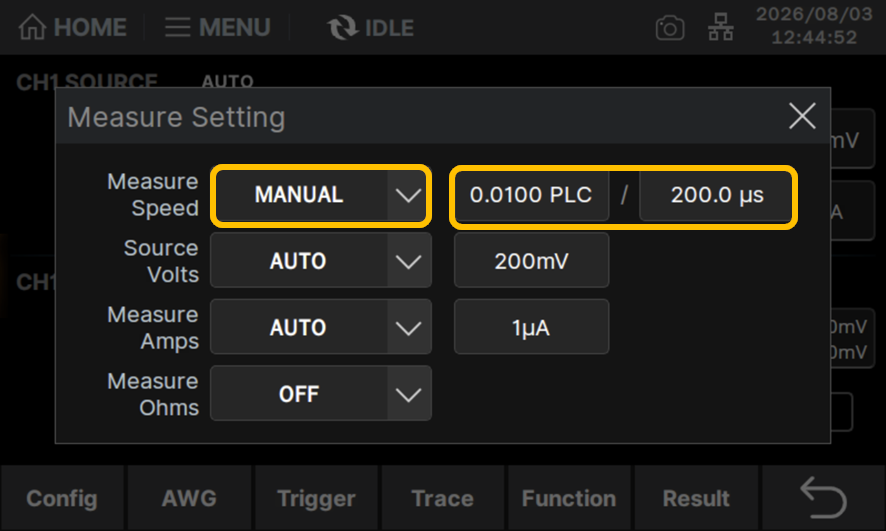 Measure SpeedをManualで0.0100PLC/200usに設定