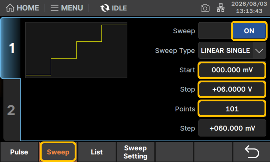 SweepをON、Start:0mV、Stop:6V、Points:101に設定