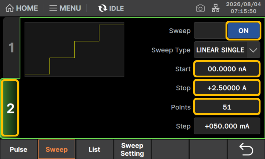 SweepをON、Start:0nA、Stop:2.5A、Points:51に設定