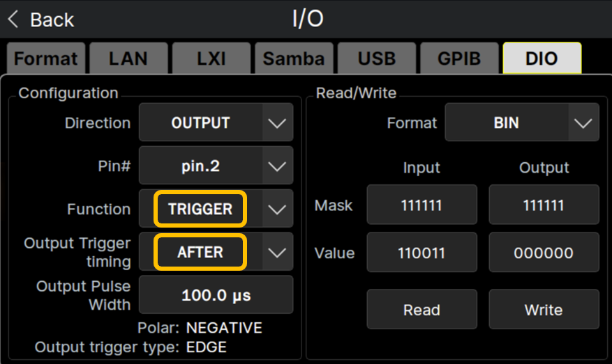 DirectionでOUTPUTを選び、pin2を設定