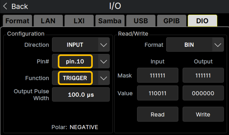DirectionでINPUTを選び、pin10を設定